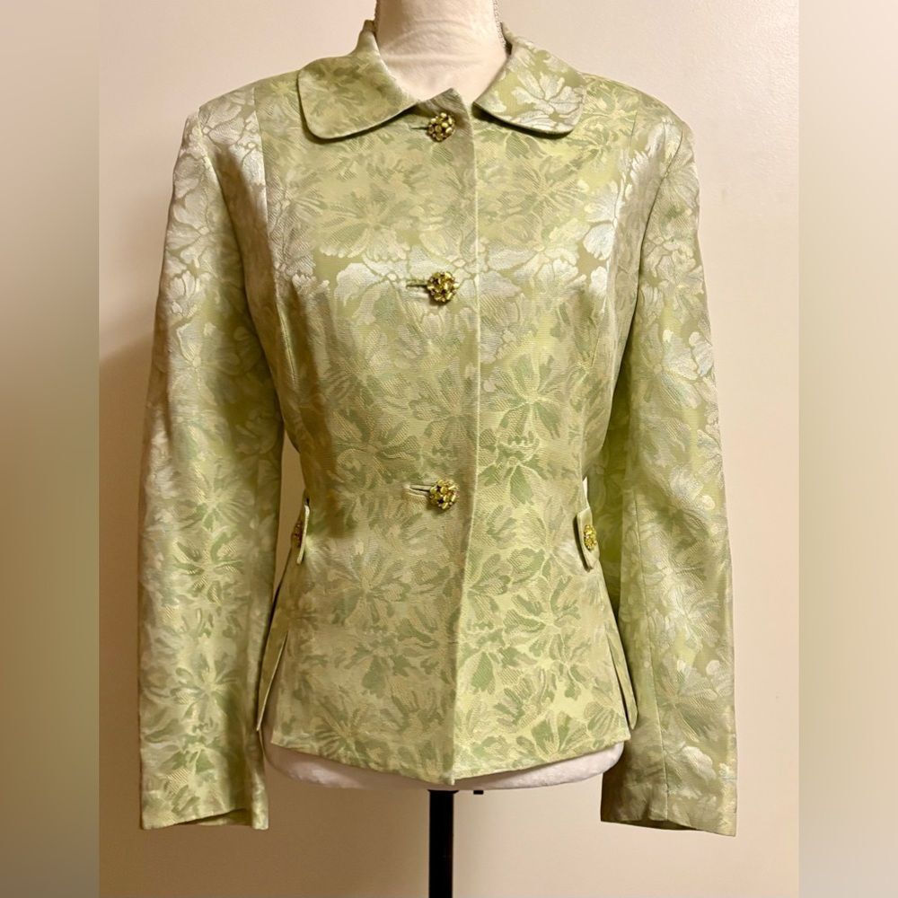 NIPON BOUTIQUE Suit Jacket Green  Floral with Rhinestone Buttons Sz 14